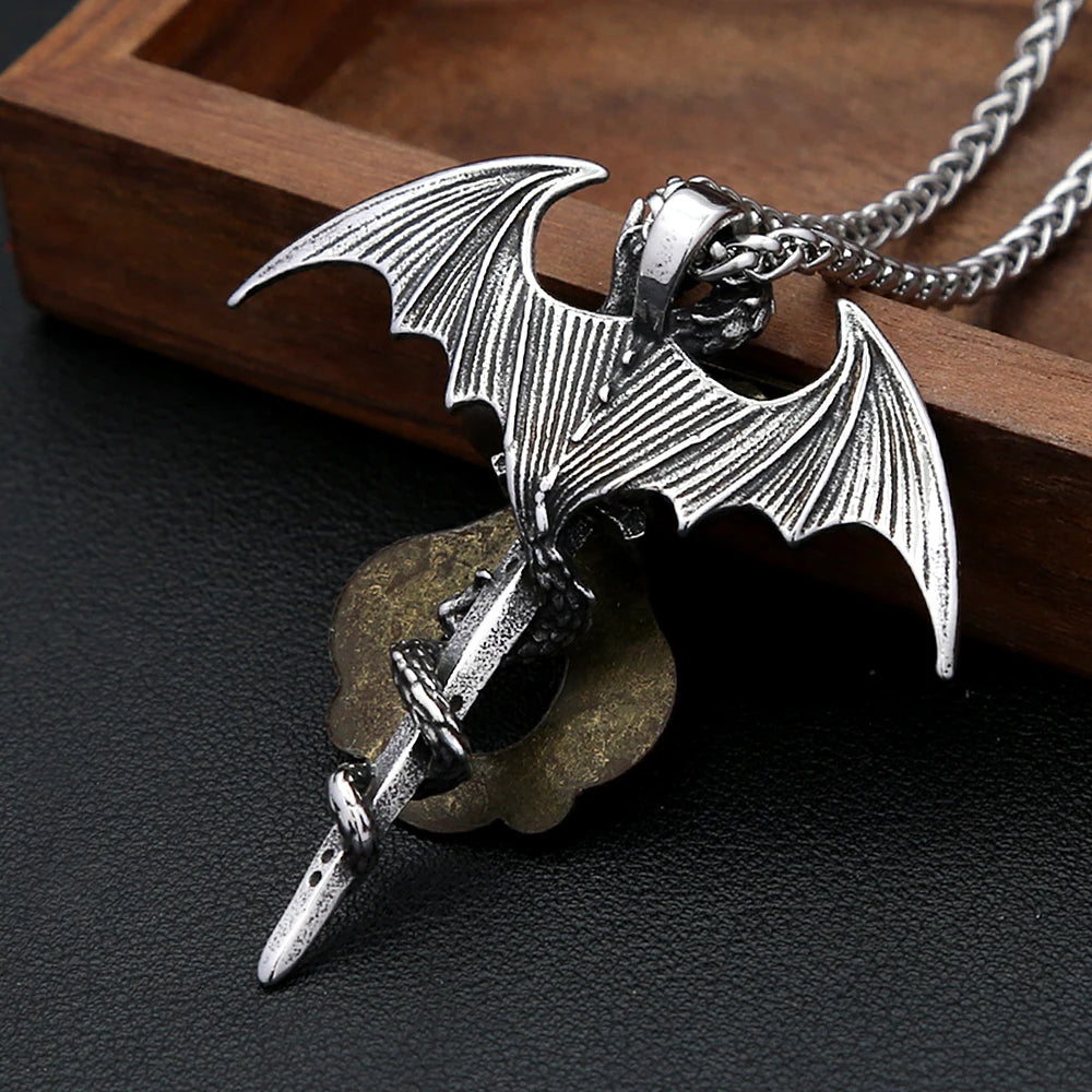 Fashion Flying Dragon Necklace Stainless Steel Punk Sword Pendant Necklace For Men Unique Amulet Jewelry Gift