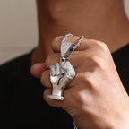 Iced Out Fist Pendant Necklace for Men, Micro Pave CZ Clenched Hand Charm, Hip Hop Rapper Jewelry, Twisted Rope Chain