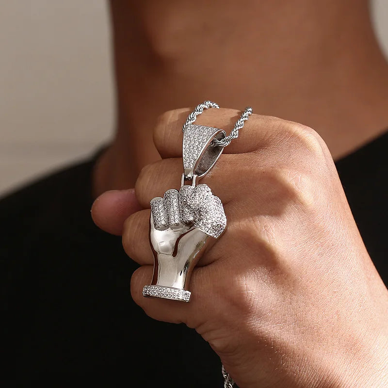 Iced Out Fist Pendant Necklace for Men, Micro Pave CZ Clenched Hand Charm, Hip Hop Rapper Jewelry, Twisted Rope Chain