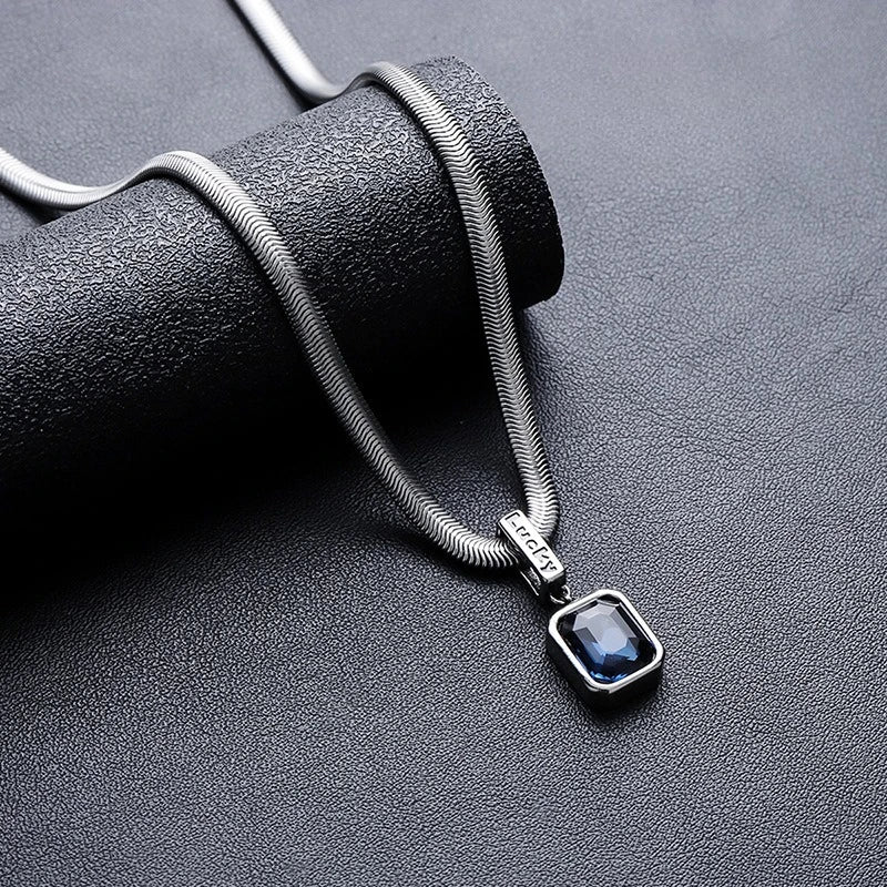 Blue Crystals Geometric Pendants Snake Bone Chain Titanium Steel Men Personality High-end Versatile Necklaces Fashion Jewelry