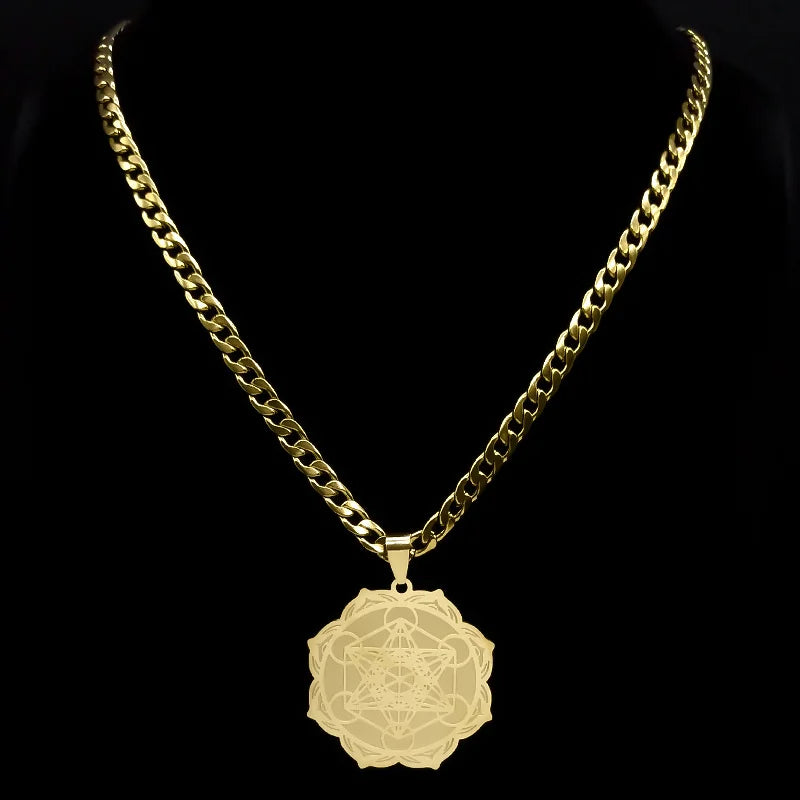Lotus Steel Pendant Sacred Geometry Metatron Cube