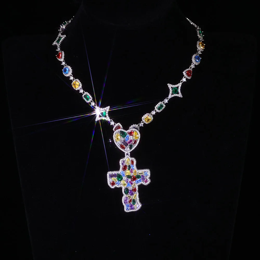 Cross Pendant Necklace Iced Out Colorful CZ