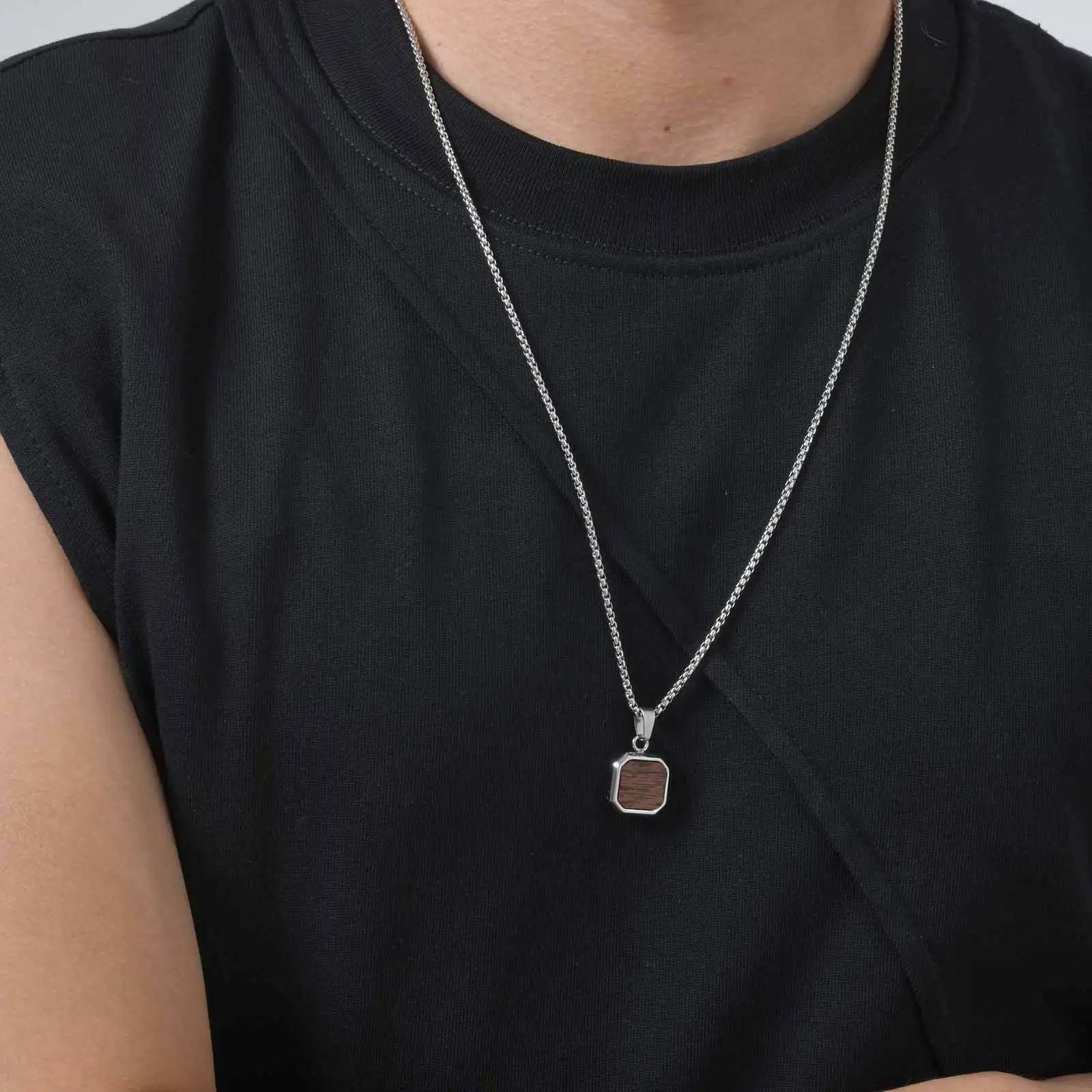 Trend Wood Square Necklace for Men,Brown Color Stainless Steel Rectangle Pendant Necklaces with Box Chain,50/55/60CM