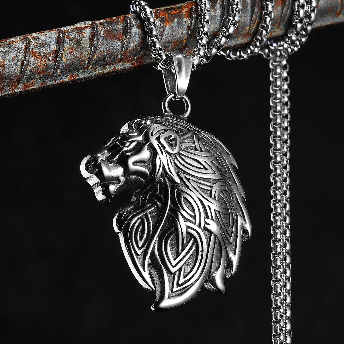 Celtic Knot Pendant Viking Stainless Steel Lion Head Necklace Animal for Men Vintage King Male Daily Wear Punk Jewelry