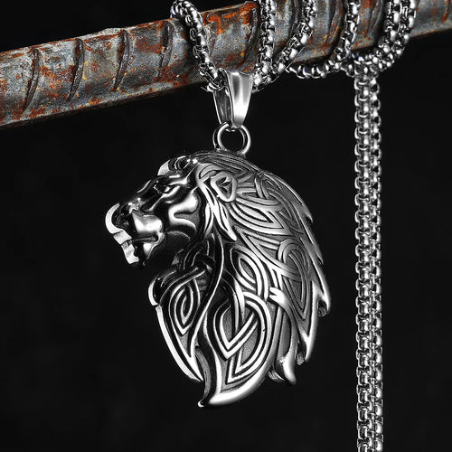 Celtic Knot Pendant Viking Stainless Steel Lion Head Necklace Animal for Men Vintage King Male Daily Wear Punk Jewelry