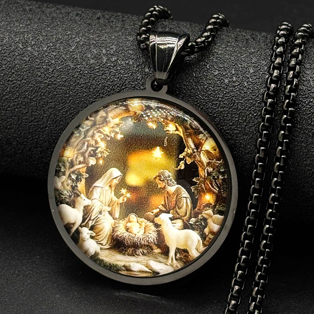Nativity of Jesus Holy Family Glass Round Medal Pendant Necklace for Women Men Stainless Steel Christian Amulet Chain