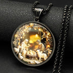 Nativity of Jesus Holy Family Glass Round Medal Pendant Necklace for Women Men Stainless Steel Christian Amulet Chain