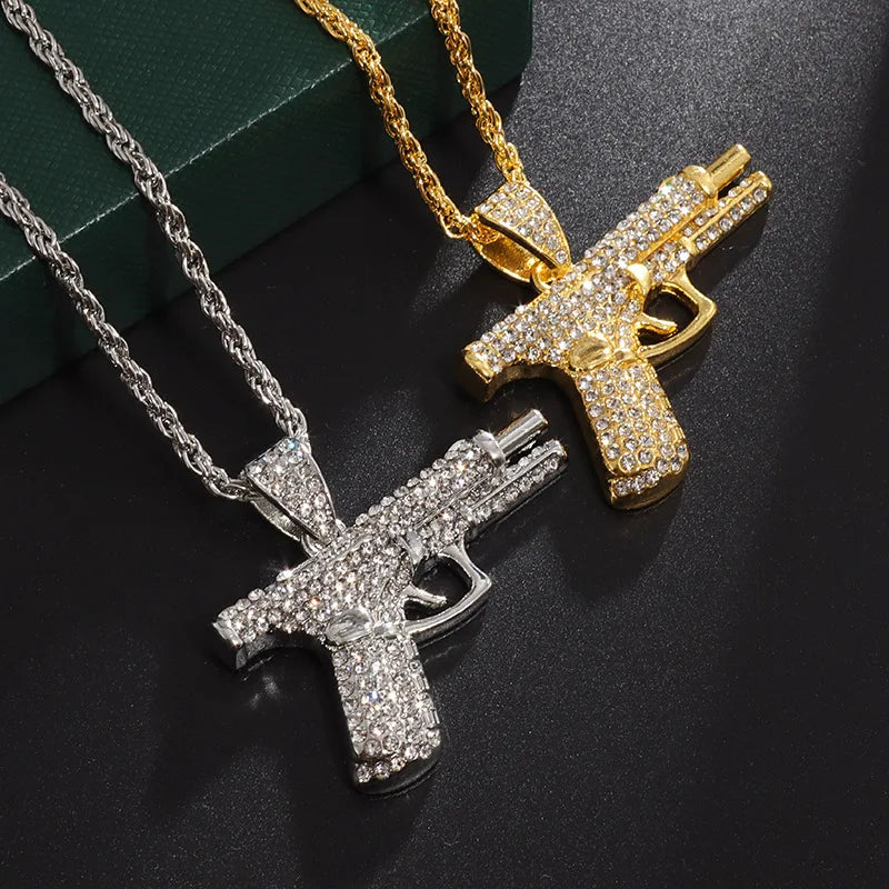 Silver Iced Out Pistol Pendant Necklace