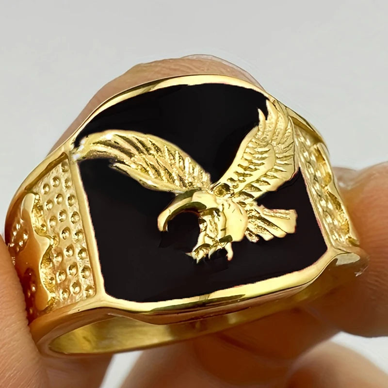 Soaring Eagle Enamel Ring — Wide Band, Gold & Silver Color