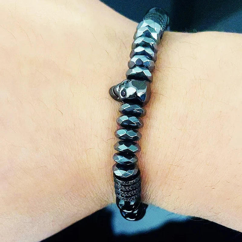 Luxury Black Natural Stone Beads Skull Crown Leopard Head Charms Man Bracelet For Women Hand Jewelry Gift