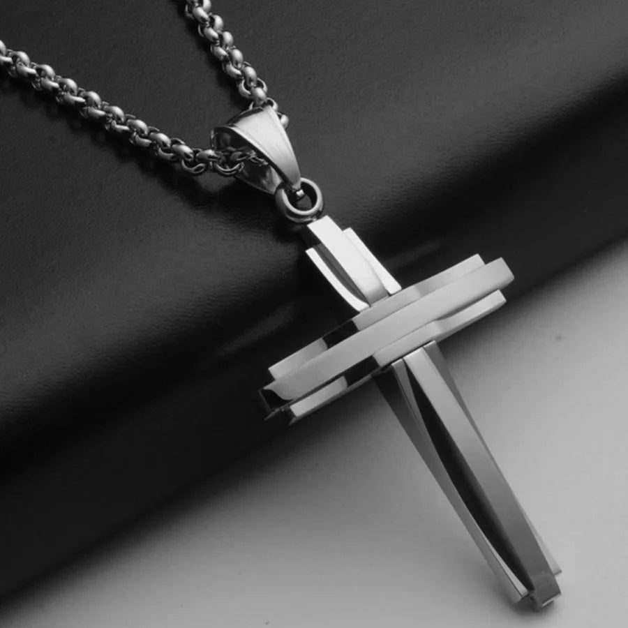 Layered Cross Pendant Necklace 50cm — Stainless Steel