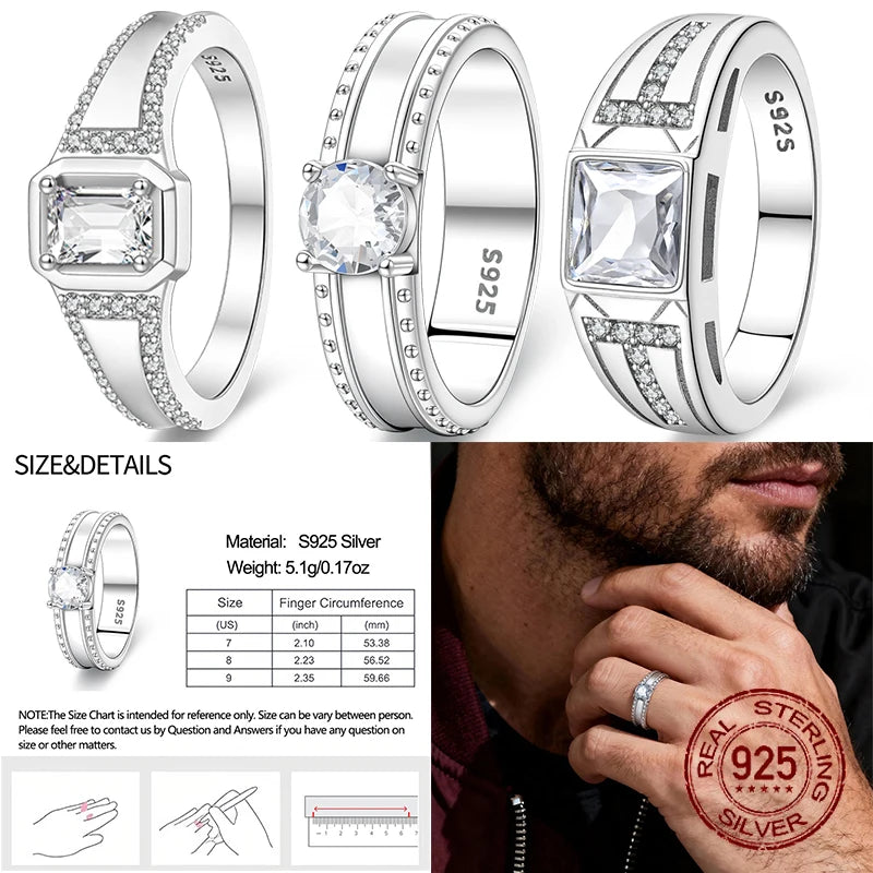 Men's Ring 925 Sterling Silver Couple Rings Square CZ Inlay Minimalist Daily Wear Jewelry Gift for Men Valentine's Day