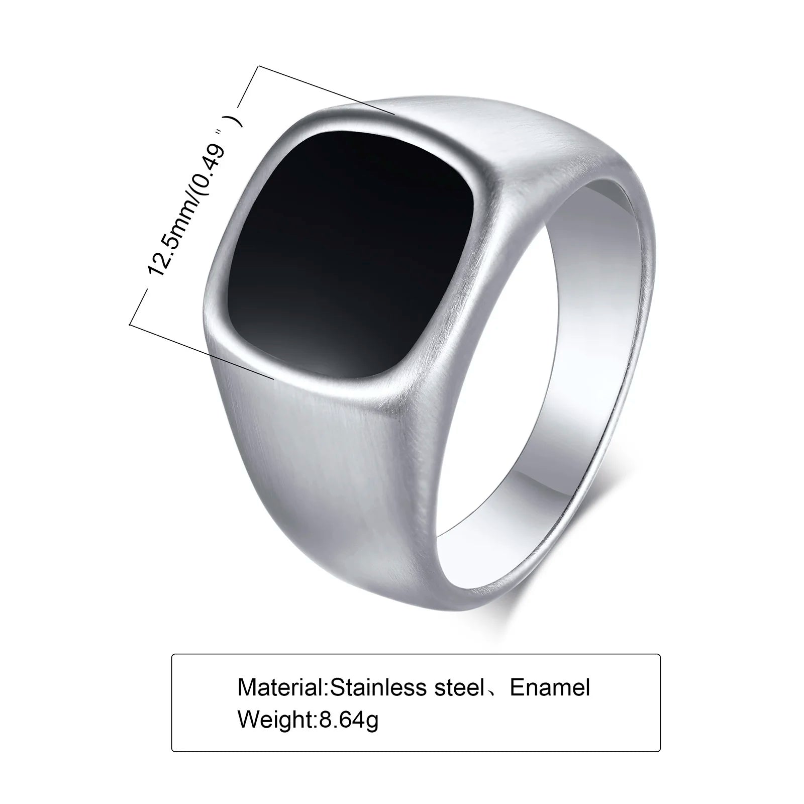12.5mm Black Square Signet Ring — Stainless Steel
