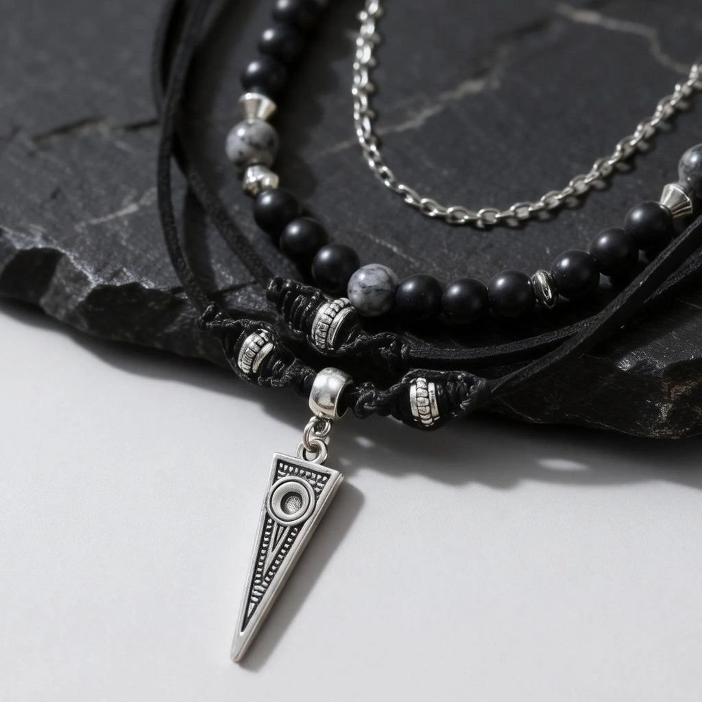Multi-Layer Leather Pendant Necklace — Black