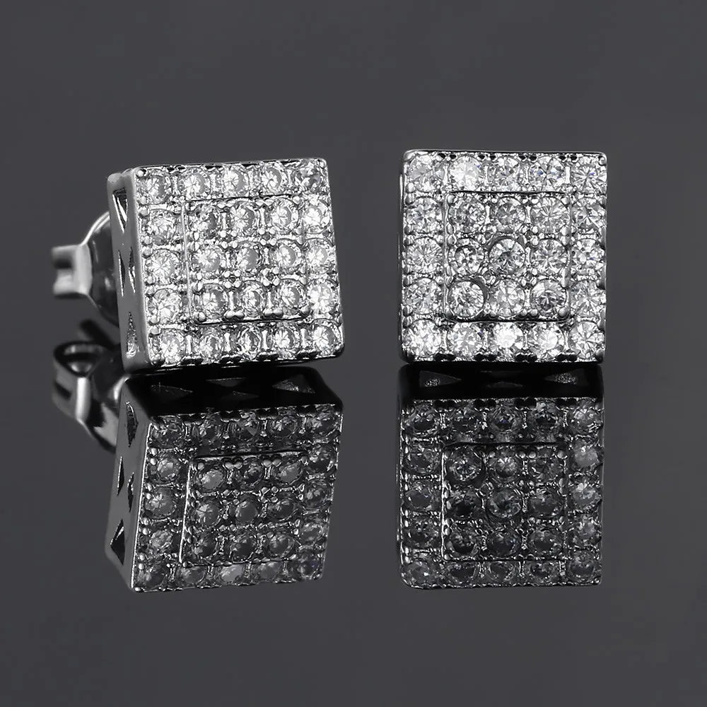Silver Iced Out Square Stud Earrings CZ