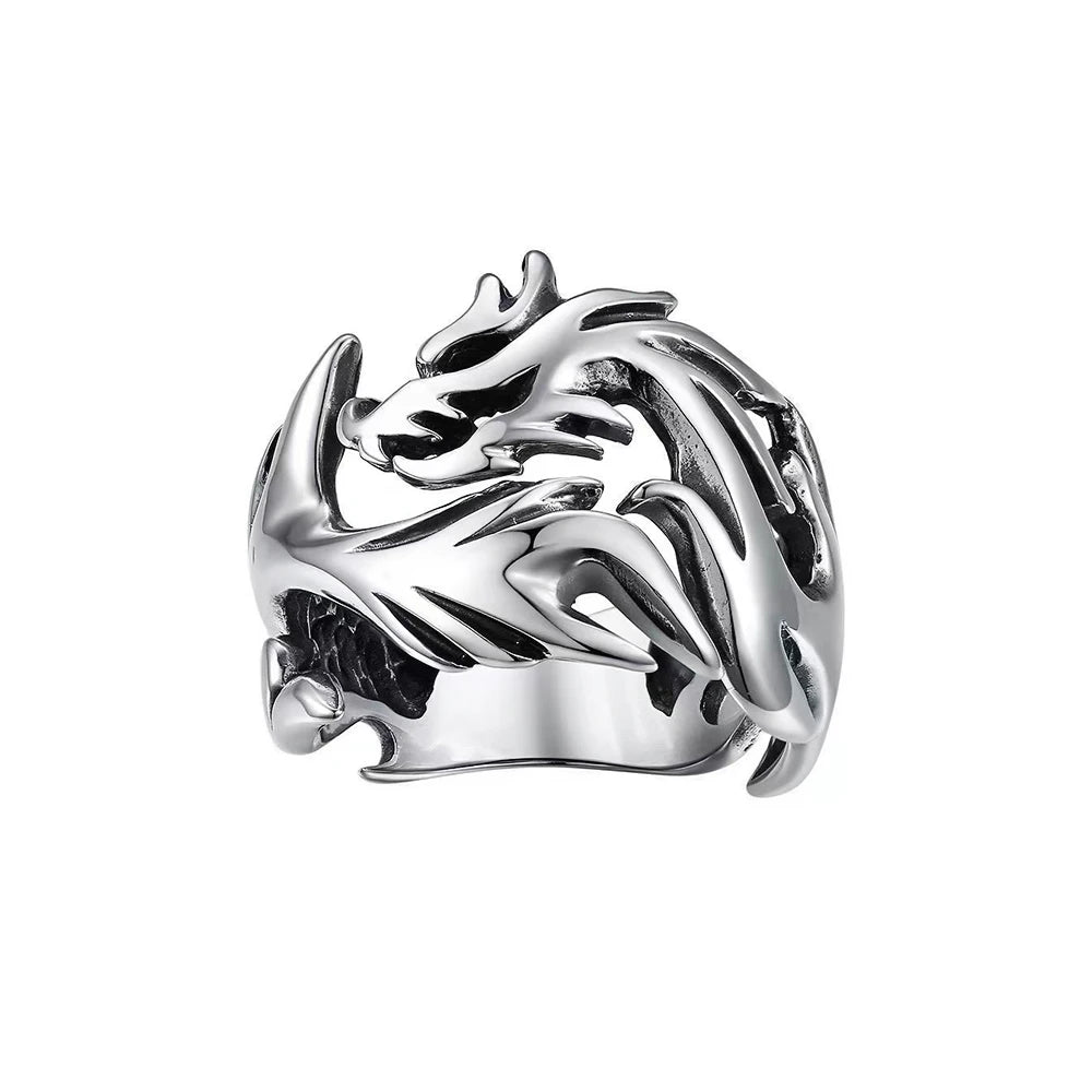 Fashion Punk Stainless Steel Fire Dragon Rings For Men Women Hip Hop Biker Vintage Vikings Animal Ring Amulet Jewelry