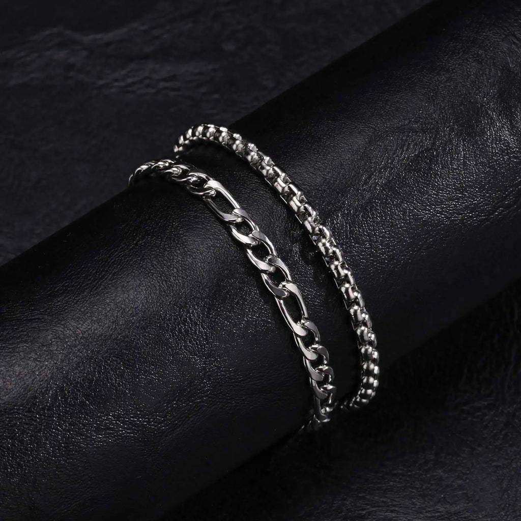 Box Chain Figaro Chain Bracelet Set — Stainless Steel