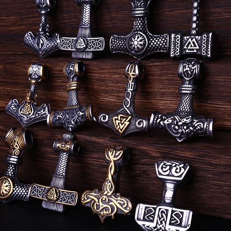 Multi Style Beaded Viking Thor's Hammer Pendant Necklace Stainless Steel Necklace Men Biker Mjolnir Amulet Jewelry