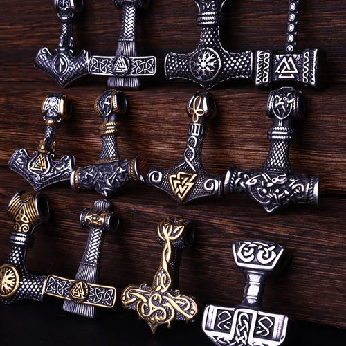 Multi Style Beaded Viking Thor's Hammer Pendant Necklace Stainless Steel Necklace Men Biker Mjolnir Amulet Jewelry
