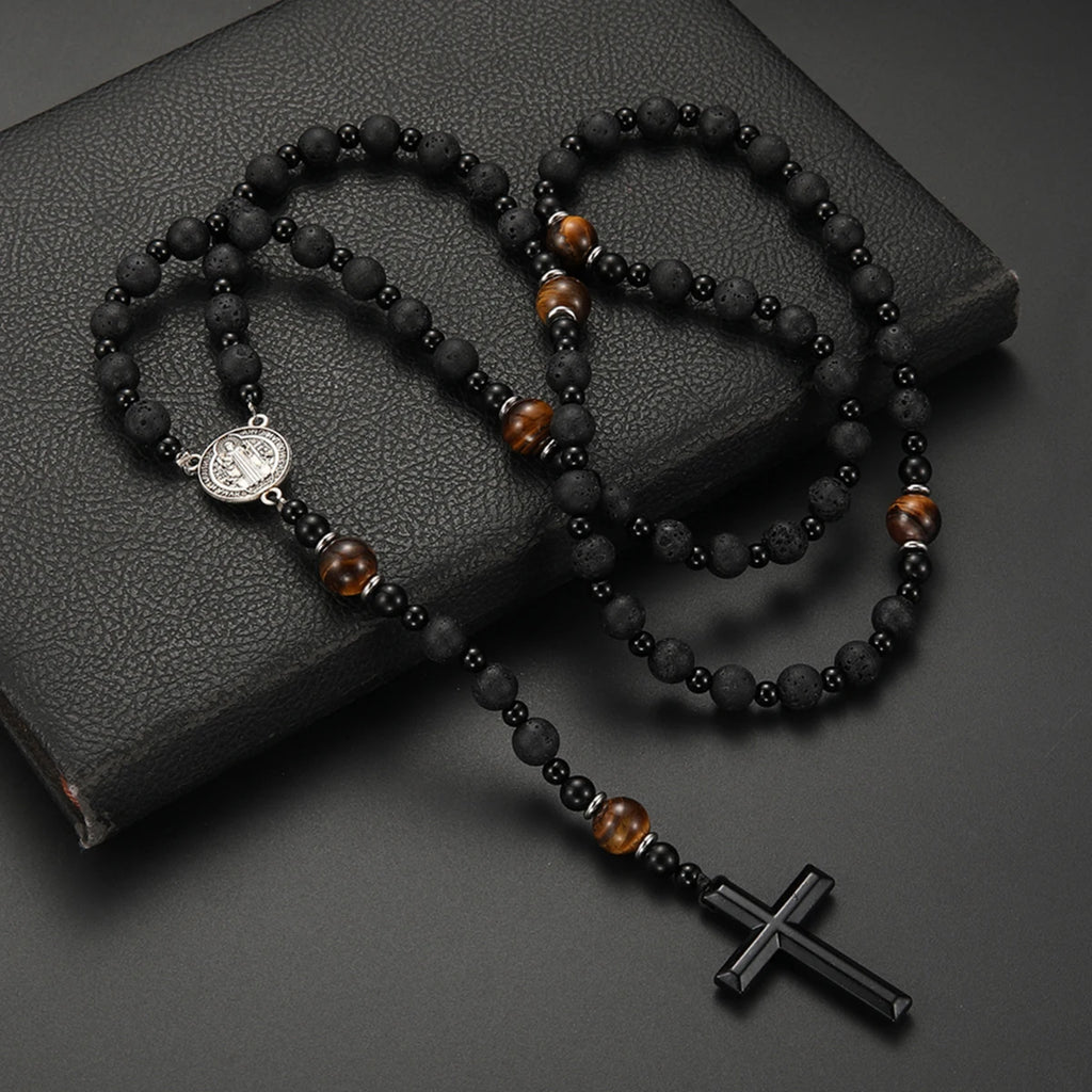 Lava Stone Cross Pendant Necklace — Zinc Alloy