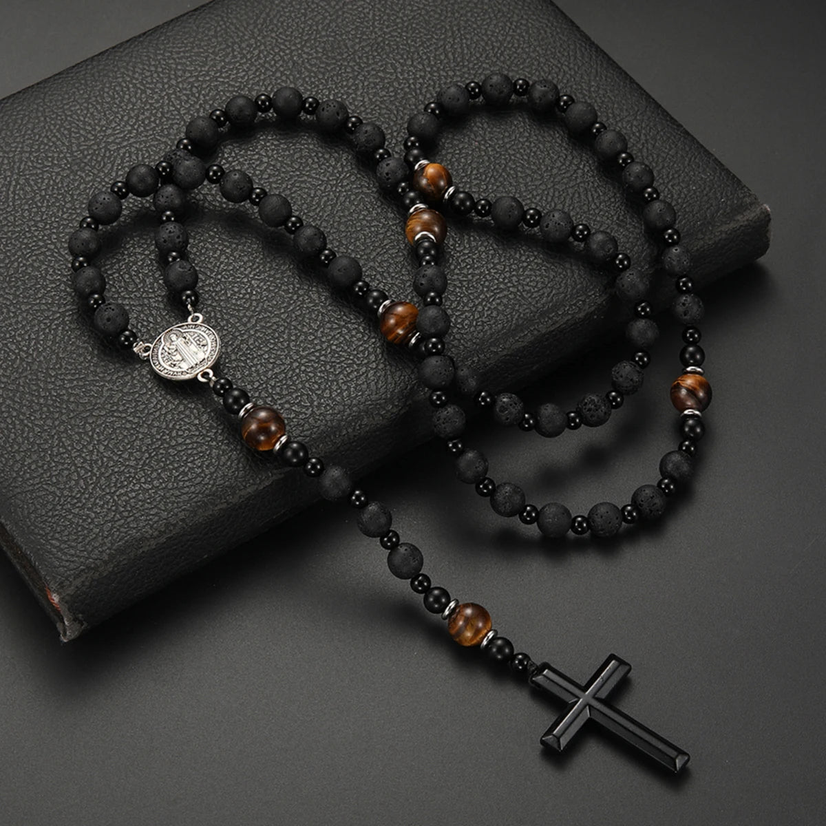 Lava Stone Cross Pendant Necklace — Zinc Alloy