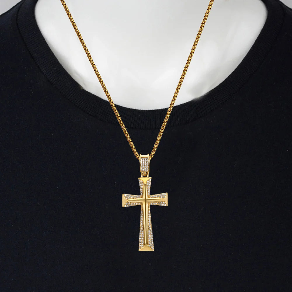 Iced Out Gold Knight Cross Pendant Necklace — Stainless Steel