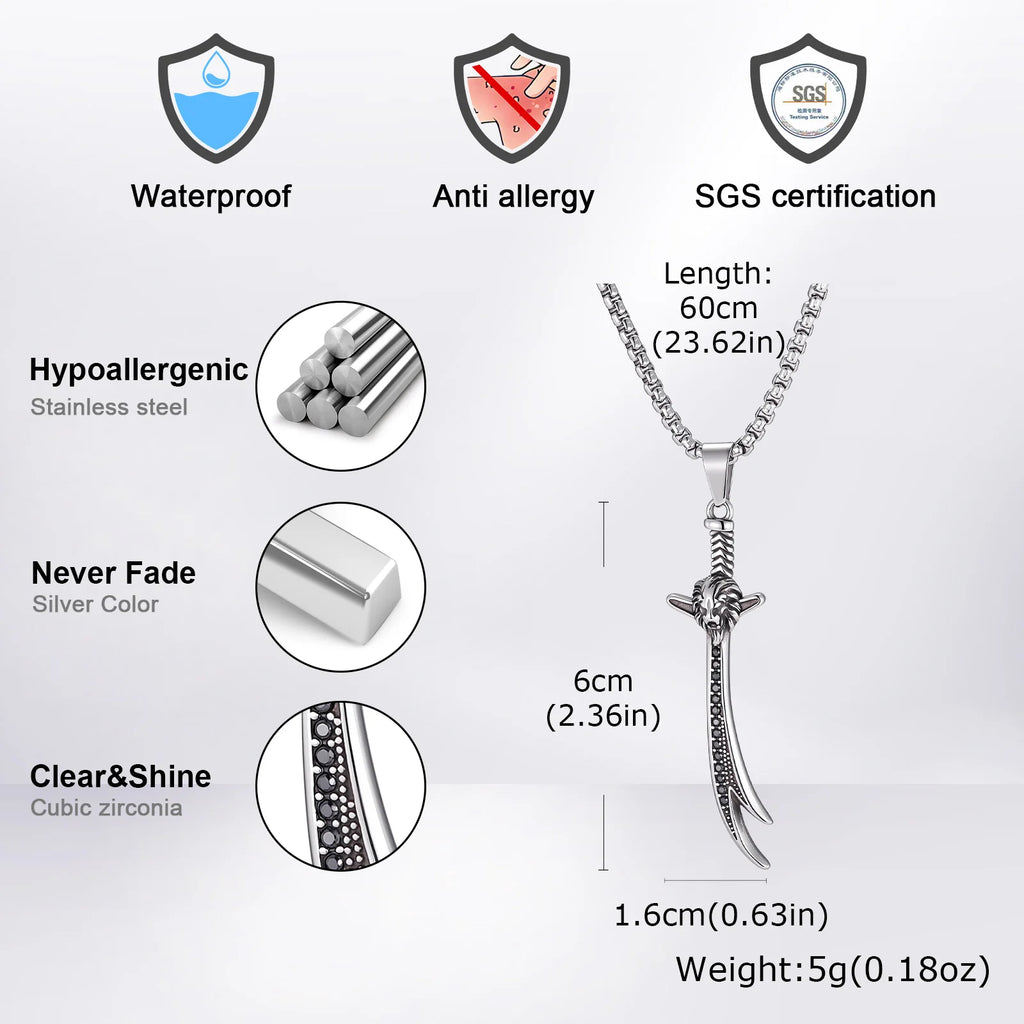 Vnox Mens Stainless Steel Lion Head Scimitar Sword Pendant Necklace, Gothic Black Zircon Box Chain Punk Jewelry Gift for Him