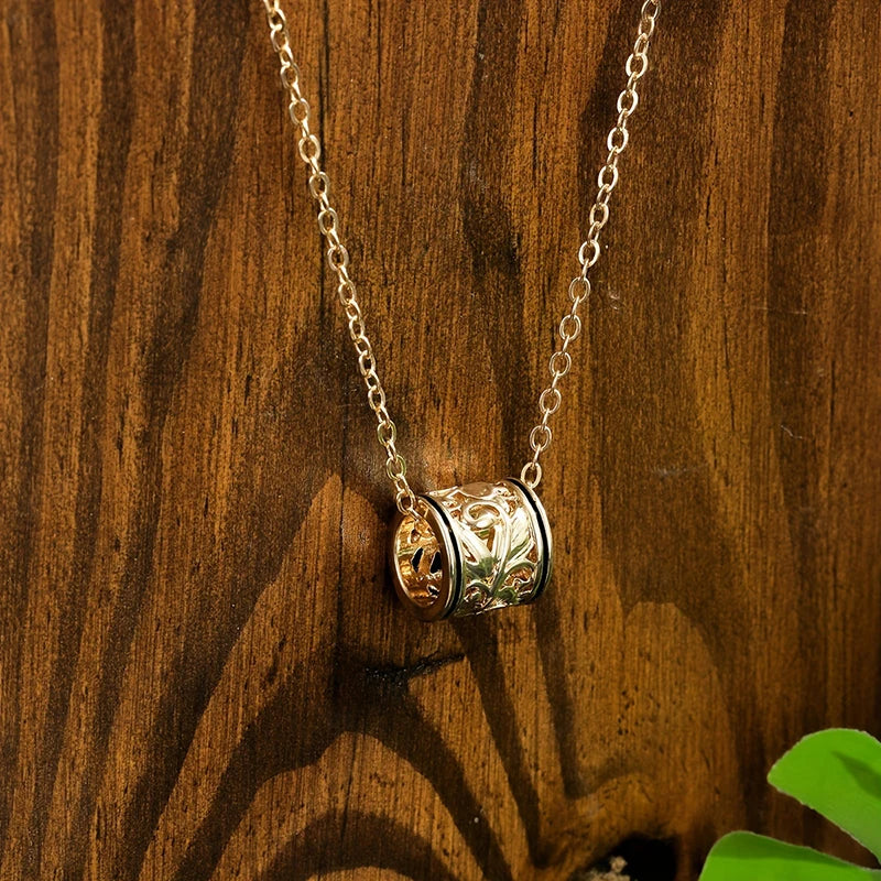 Huitan Hollow Carved Flower Barrel Pendant Necklace for Women Black Enamel Edge Cylinder Bead Vintage Floral Female