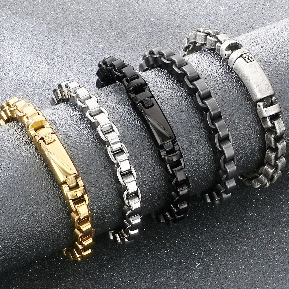Vintage Cool 316L Stainless Steel Bracelet for Man 8MM Width Box Link Chain Cuff Bangle Classy Mens Boys Birthday
