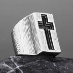 Brushed Engraved Cross Ring — Stainless Steel