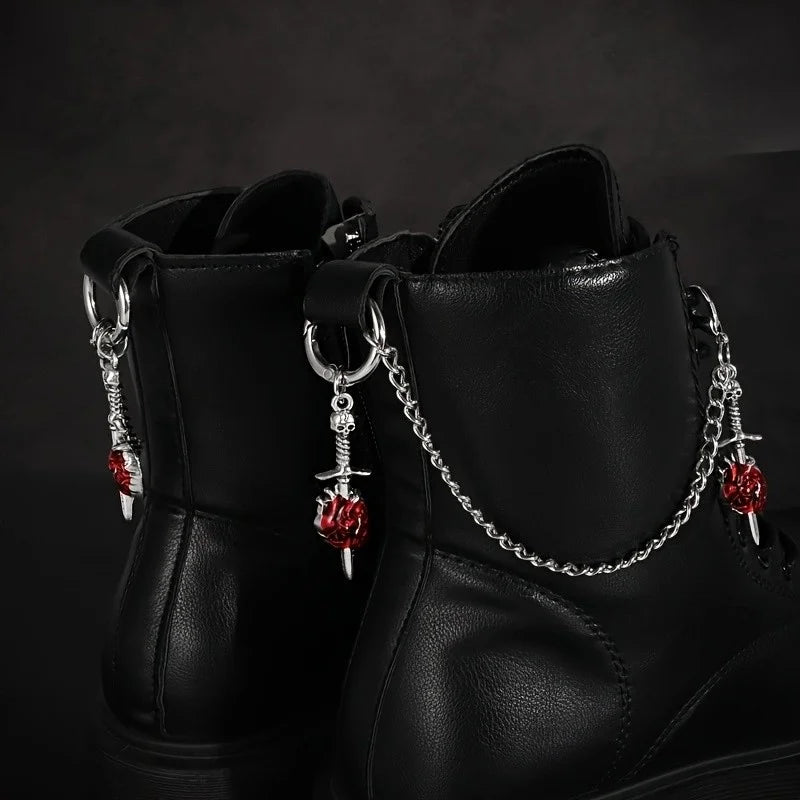 2Pcs Gothic Red Rose Sword Boots Chain Silver Metal Removable Shoe Chain Punk Boots Decorative Accessories Decoration