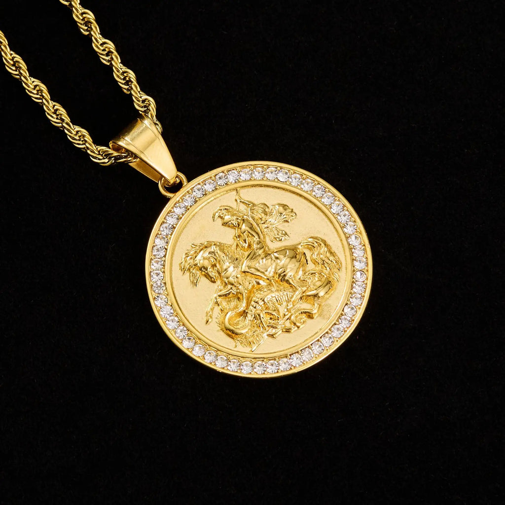 1pc Saint Michael Gold color round pendant with rhinestone For Men Women HIP hop Punk 316L Stainless Steel Knight Jewelry Gifts