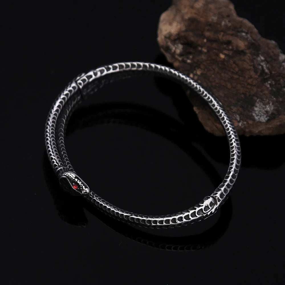 Gothic Vintage Viking Snake Bracelet With Red Stone For Men Women Stainless Steel Punk Rock Animal Bangles Fashion