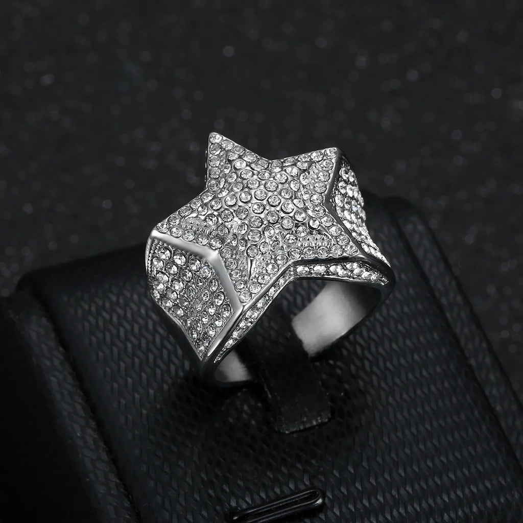 Men's five pointed star Rings Black Punk Crusaders Band Rings rhinestone for Mens Stainless Steel Signet Rings Jewelry