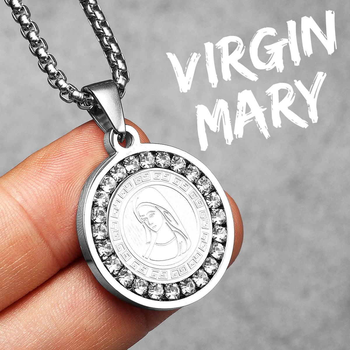Virgin Mary Pendant Necklace Stainless Steel Vintage
