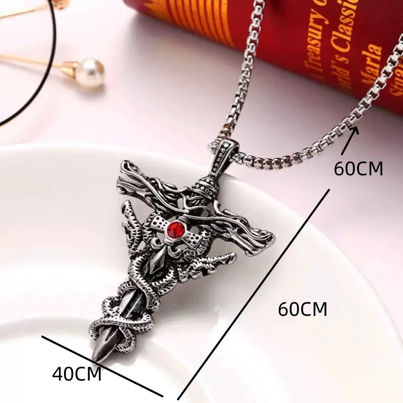 Punk Fashion Titanium Steel Necklace for Men Alloy Double Dragon Sword Pendant Choker Ring Vintage Evil Eye Cross