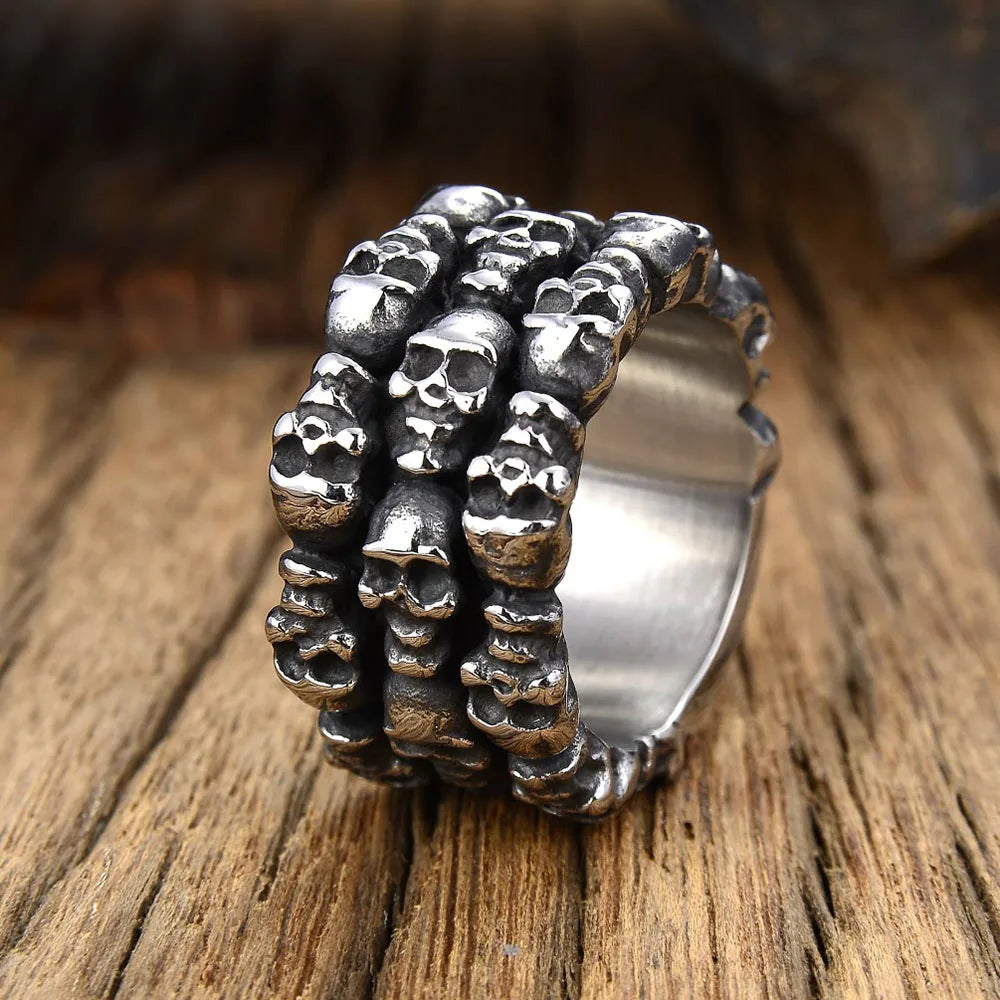 8/9/10/11/12/13# Stainless Steel Men Skull Ring Ancient Punk Skeleton Crossbones Waterproof Not Fading Male Finger