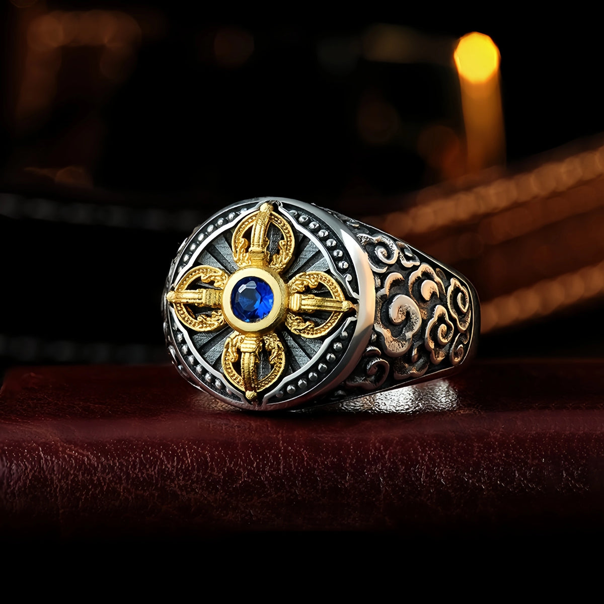 Tibetan Vajra Adjustable Open Ring — Golden Two-Tone Band