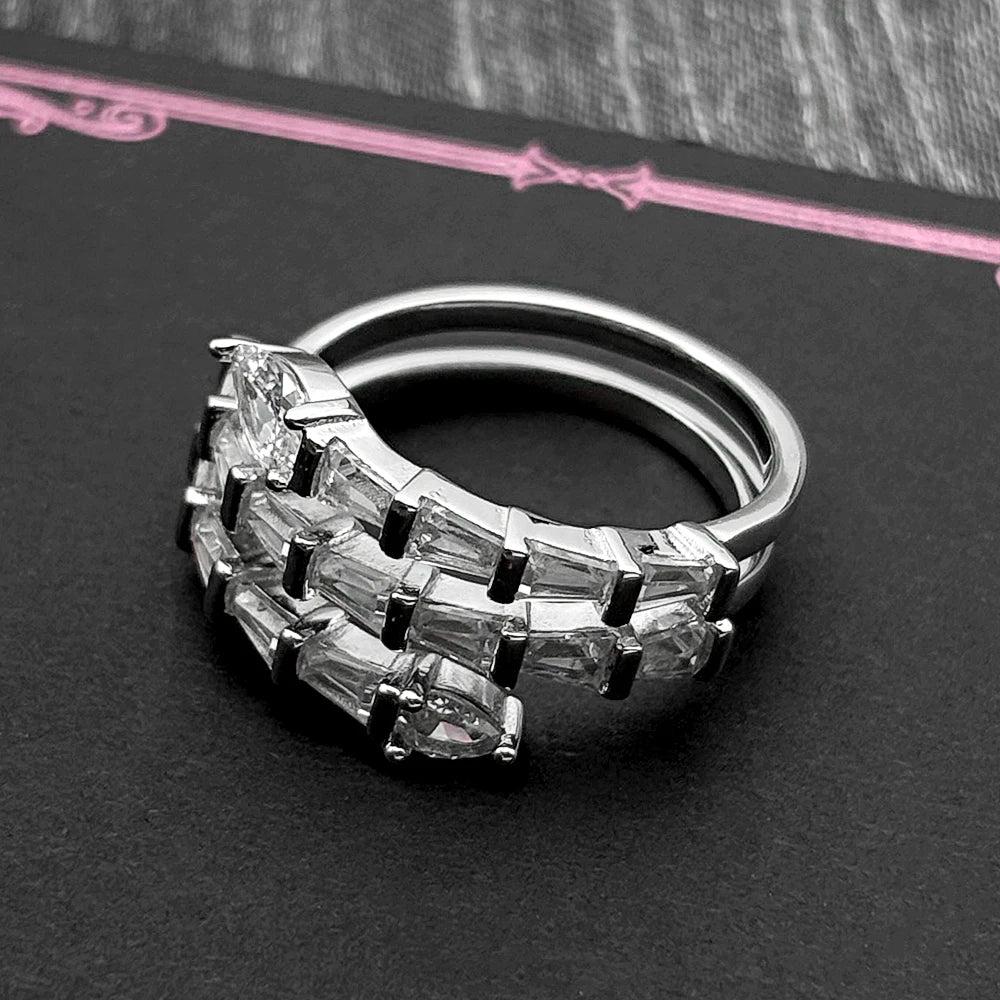 Silver Ring Sterling Full Rhinestones Multi-layer