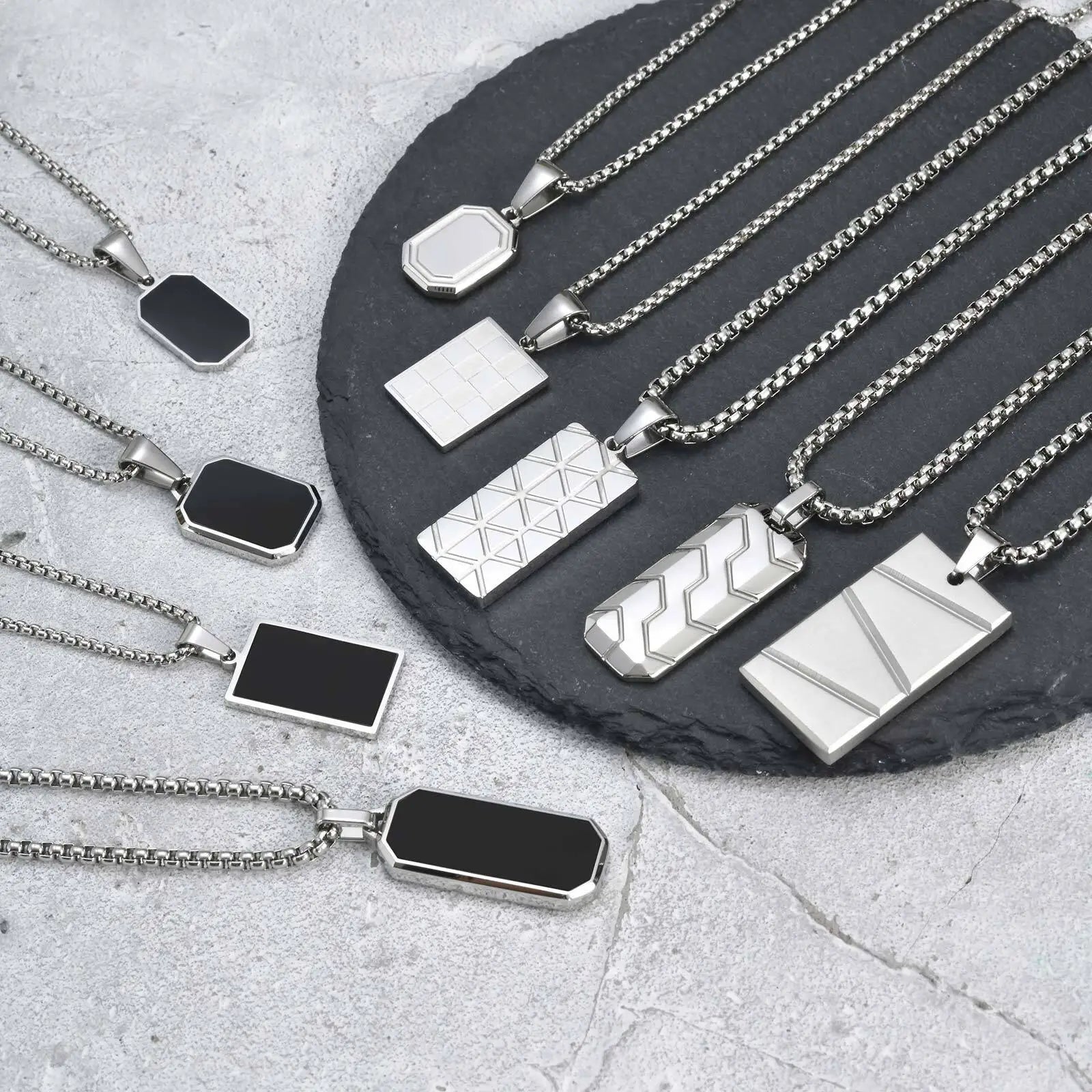 Military Dog Tag Pendant — Black Silver Stainless Steel