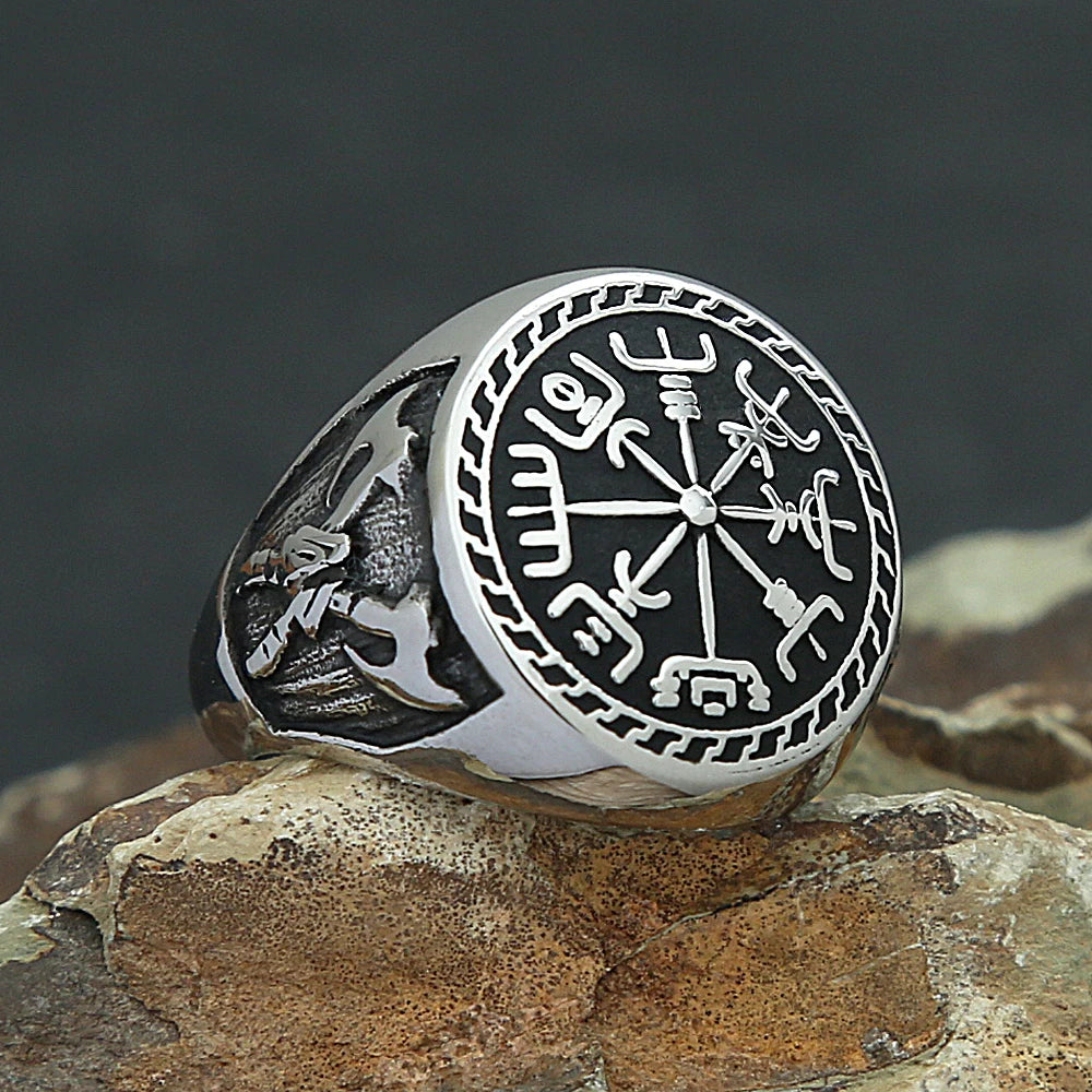 Vintage Stainless Steel Viking Compass Ring For Men Boys Nordic Viking Double Axe Rings Fashion Amulet Mythology