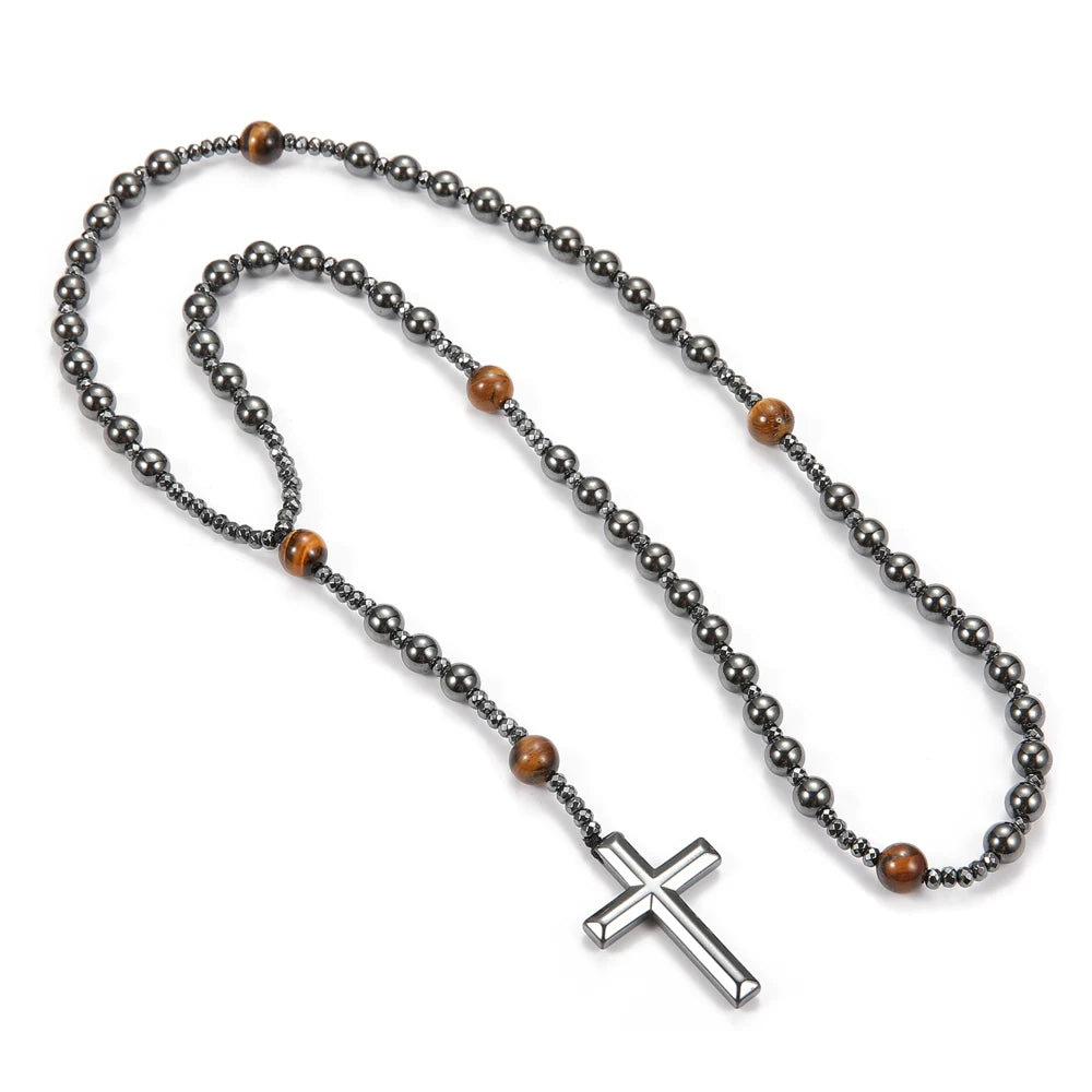 Black Hematite Round Beads Yellow Tiger-eye Stone Cross Pendant Necklace for Men and Women