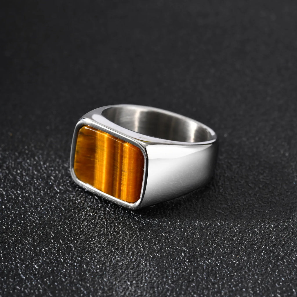 Vnox Stainless Steel Square Natural Stone Ring for Men Boys, Turquoise Tiger Eye Thumb Rings for Men, 12.8mm Width Signet Ring