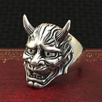 Punk Hannya Oni Mask Ring Men | Gothic Demon Devil Biker Jewelry | Vintage Silver Plated Finger Ring for Male Party Gift
