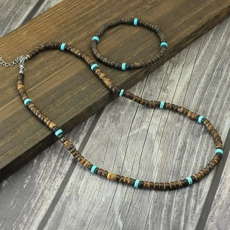 Coconut Wood Necklace Bracelet Set — Stainless Steel