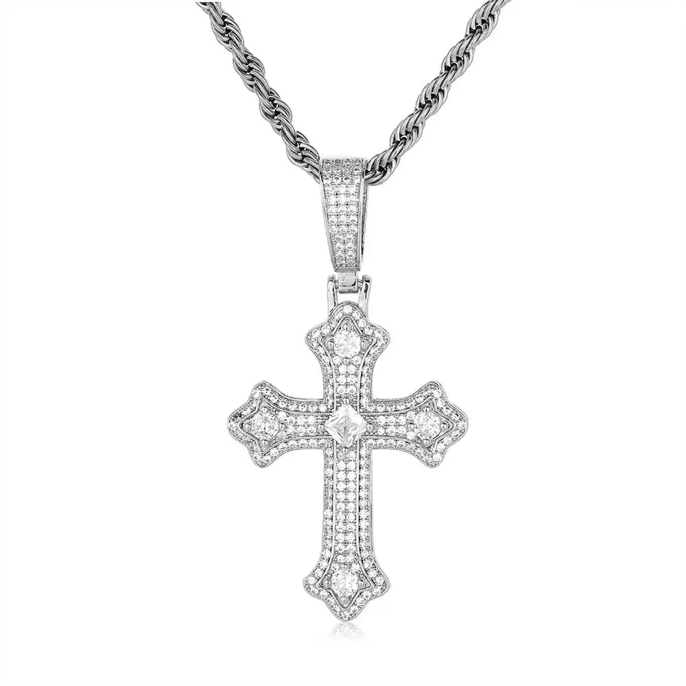 Iced Out Jesus Cross Necklace Cluster Tennis Chain Cross Pendant Religious Faith Hip-Hop Jewelry Gift for Men Women