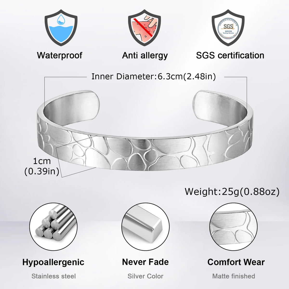 Minimalist Style Open Bangle Bracelet, 10mm Wide Brushed Finish Adjustable Stainless Steel Cuff Jewelry Gift for Men