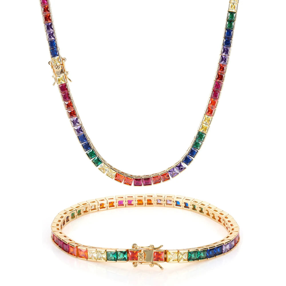 Gold Rainbow Tennis Necklace Iced Out 4MM 18K