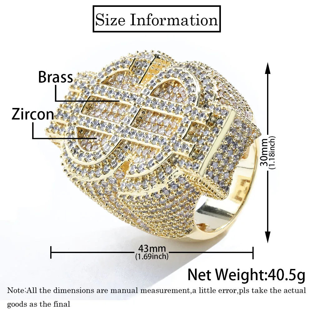 Gold Iced Out Money Sign Ring Statement