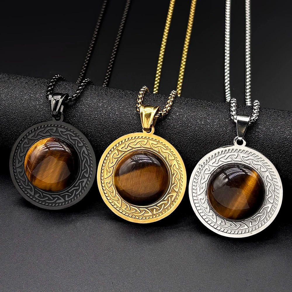 Celtic Knot Tiger Eye Pendant Necklace — Gold-Tone